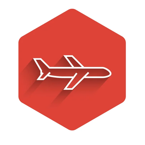 Icono plano de línea blanca aislado con sombra larga. Icono del avión volador. Firma del avión. Botón de hexágono rojo. Ilustración vectorial — Vector de stock