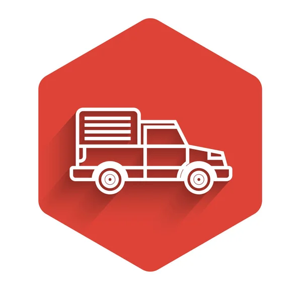 Línea blanca Icono del vehículo del camión de carga de entrega aislado con sombra larga. Botón de hexágono rojo. Ilustración vectorial — Vector de stock