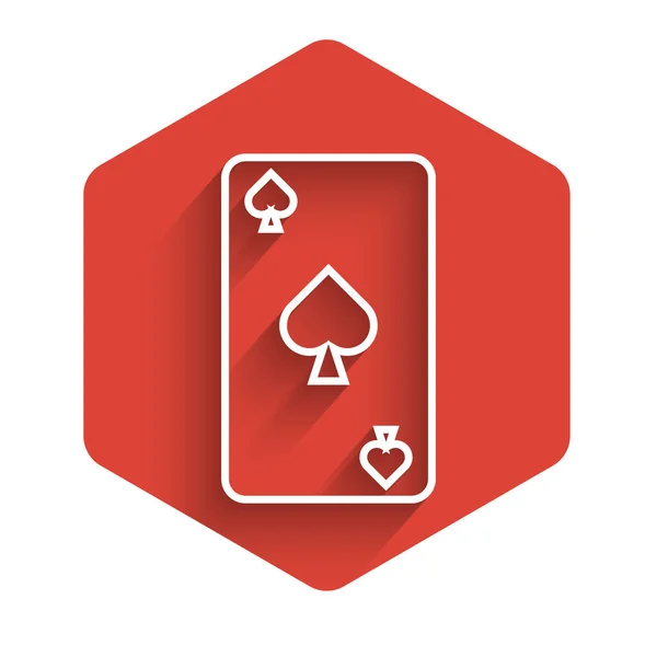 Ligne blanche Carte à jouer avec icône symbole pique isolé avec une ombre longue. Casino de jeu. Bouton hexagonal rouge. Illustration vectorielle — Image vectorielle