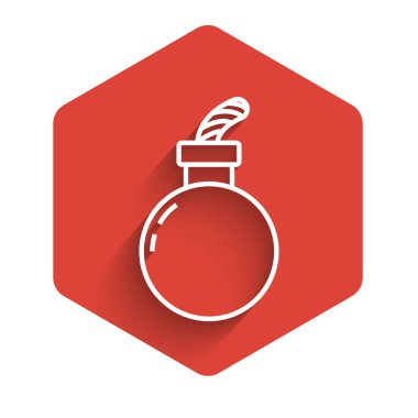 Beyaz çizgi bombası, uzun gölgeli ikonu patlatmaya hazır. Mutlu Cadılar Bayramı Partisi. Kırmızı altıgen düğmesi. Vektör İllüstrasyonu