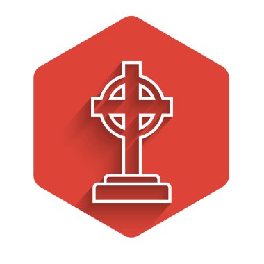 Çapraz simgesi uzun gölgeli beyaz çizgi Tombstone. Mezar ikonu. Kırmızı altıgen düğmesi. Vektör İllüstrasyonu