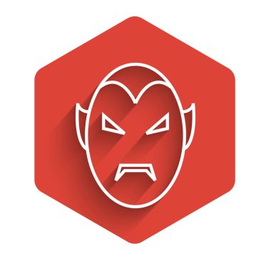White line Vampire icon isolated with long shadow. Happy Halloween party. Red hexagon button. Vector Illustration