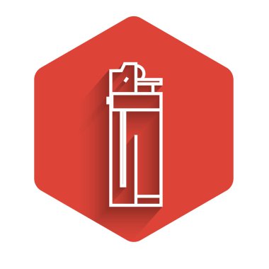 Beyaz çizgi aydınlatma simgesi uzun gölgeyle izole edildi. Kırmızı altıgen düğmesi. Vektör İllüstrasyonu