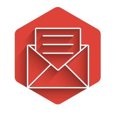 Üzerinde davetiye kartı simgesi olan beyaz çizgi, uzun gölgeli. Kırmızı altıgen düğmesi. Vektör İllüstrasyonu