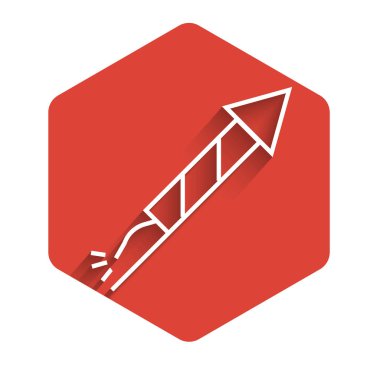 Uzun gölgeli beyaz çizgi havai fişek ikonu. Eğlence partisi anlayışı. Patlayıcı havai fişek sembolü. Kırmızı altıgen düğmesi. Vektör İllüstrasyonu