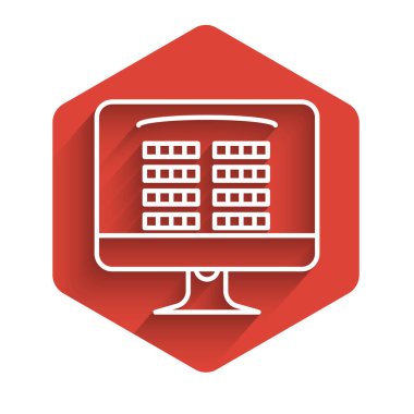 Beyaz çizgi, uzun gölgeli izole edilmiş çevrimiçi sinema bileti ikonu satın alır. Hizmet kavramı. Kırmızı altıgen düğmesi. Vektör İllüstrasyonu