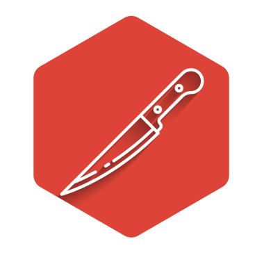 Beyaz çizgi bıçak ikonu uzun gölgeli izole edilmiş. Çatal bıçak sembolü. Kırmızı altıgen düğmesi. Vektör İllüstrasyonu