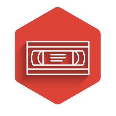 White line VHS video cassette tape icon isolated with long shadow. Red hexagon button. Vector Illustration