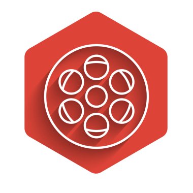 Uzun gölgeli beyaz çizgi film makarası ikonu. Kırmızı altıgen düğmesi. Vektör İllüstrasyonu