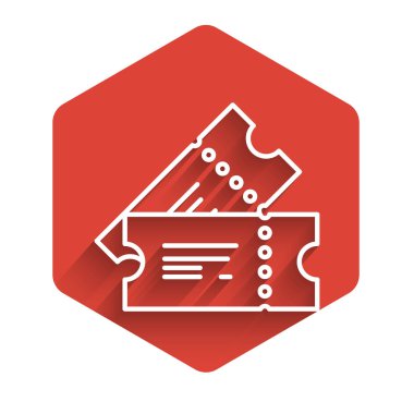 White line Cinema ticket icon isolated with long shadow. Red hexagon button. Vector Illustration