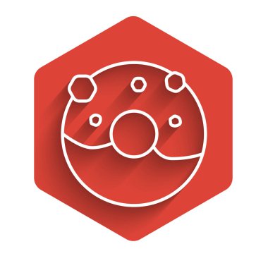 Beyaz çizgili çörek, uzun gölgeli tatlı simge. Kırmızı altıgen düğmesi. Vektör İllüstrasyonu