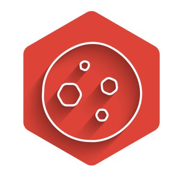 White line Cookie or biscuit with chocolate icon isolated with long shadow. Red hexagon button. Vector Illustration