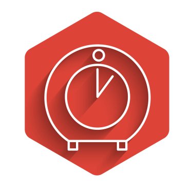 White line Kitchen timer icon isolated with long shadow. Cooking utensil. Red hexagon button. Vector Illustration