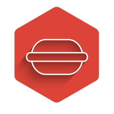 White line Macaron cookie icon isolated with long shadow. Macaroon sweet bakery. Red hexagon button. Vector Illustration