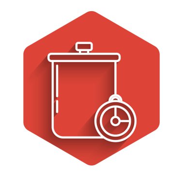 Beyaz çizgili tencere ve mutfak zamanlayıcısı uzun gölgeli izole edilmiş. Haşlama ya da güveç besin sembolü. Kırmızı altıgen düğmesi. Vektör İllüstrasyonu