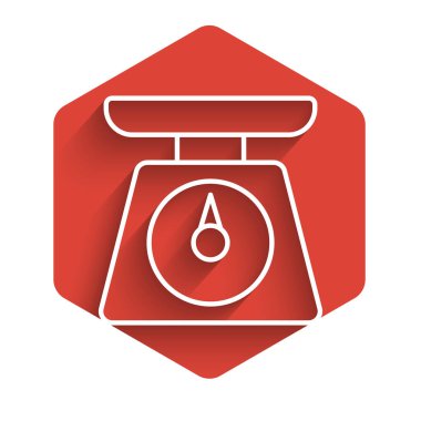 Beyaz çizgi ölçekli simge uzun gölgeli izole edilmiş. Ağırlık ölçüm aletleri. Kırmızı altıgen düğmesi. Vektör İllüstrasyonu