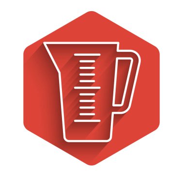 Beyaz çizgi ölçme kabı kuru ve sıvı yiyecek ikonunu uzun gölgeli olarak izole etmek için. Plastik şişenin sapı var. Kırmızı altıgen düğmesi. Vektör İllüstrasyonu