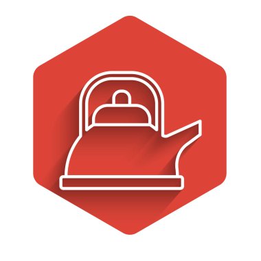 Uzun gölgeli beyaz çizgi Kettle. Çaydanlık ikonu. Kırmızı altıgen düğmesi. Vektör İllüstrasyonu