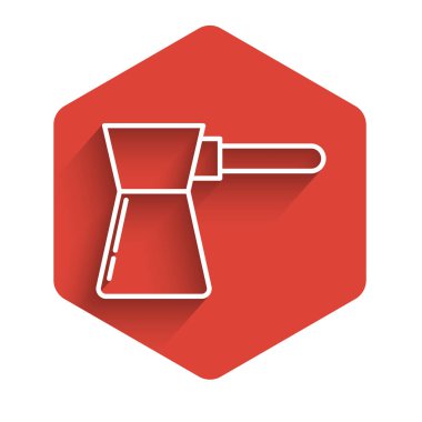 White line Coffee turk icon isolated with long shadow. Red hexagon button. Vector Illustration