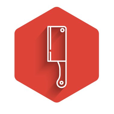 White line Meat chopper icon isolated with long shadow. Kitchen knife for meat. Butcher knife. Red hexagon button. Vector Illustration