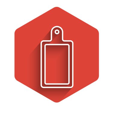 White line Cutting board icon isolated with long shadow. Chopping Board symbol. Red hexagon button. Vector Illustration