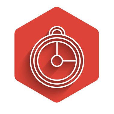 White line Kitchen timer icon isolated with long shadow. Cooking utensil. Red hexagon button. Vector Illustration