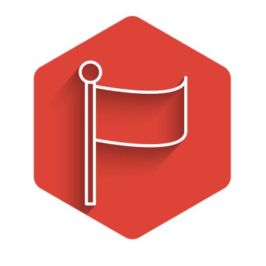 White line Flag icon isolated with long shadow. Location marker symbol. Red hexagon button. Vector Illustration