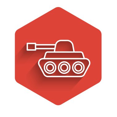 Uzun gölgeli beyaz çizgi askeri tank ikonu. Kırmızı altıgen düğmesi. Vektör İllüstrasyonu