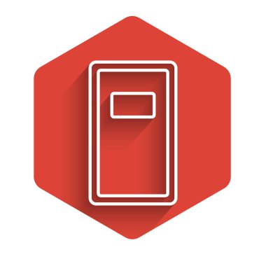 Beyaz çizgi Polis saldırı kalkanı ikonu uzun gölgeli izole edildi. Kırmızı altıgen düğmesi. Vektör İllüstrasyonu