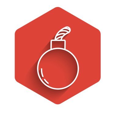 White line Bomb ready to explode icon isolated with long shadow. Red hexagon button. Vector Illustration