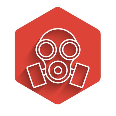 Beyaz çizgi gaz maskesi ikonu uzun gölgeli izole edildi. Solunum cihazı işareti. Kırmızı altıgen düğmesi. Vektör İllüstrasyonu