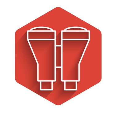 Uzun gölgeli beyaz çizgi dürbün simgesi. Yazılım işareti bul. Casus ekipman sembolü. Kırmızı altıgen düğmesi. Vektör İllüstrasyonu