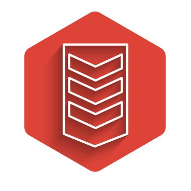 Beyaz çizgi askeri rütbe ikonu uzun gölgeli izole edilmiş. Askeri rozet işareti. Kırmızı altıgen düğmesi. Vektör İllüstrasyonu