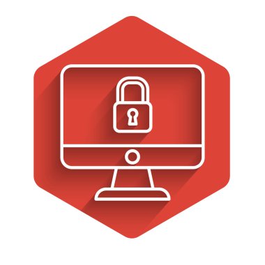 Bilgisayar ekranındaki beyaz çizgi kilidi uzun gölgeyle izole edilmiş ekran simgesi. Güvenlik, güvenlik, koruma kavramı. Güvenli bir ağ. Kırmızı altıgen düğmesi. Vektör İllüstrasyonu