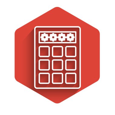 White line Password protection and safety access icon isolated with long shadow. Security, safety, protection, privacy concept. Red hexagon button. Vector Illustration