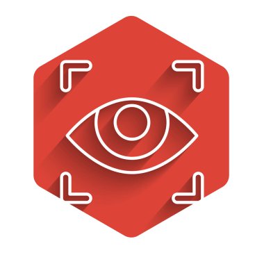 Beyaz çizgi göz tarama simgesi uzun gölgeyle izole edildi. Göz taraması yapılıyor. Güvenlik kontrol sembolü. Siber göz işareti. Kırmızı altıgen düğmesi. Vektör İllüstrasyonu