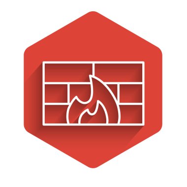 Beyaz çizgi güvenlik duvarı, uzun gölgeli güvenlik duvarı simgesi. Kırmızı altıgen düğmesi. Vektör İllüstrasyonu