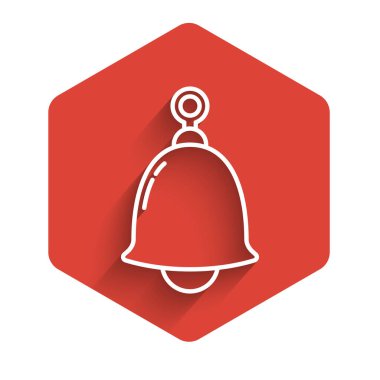 Beyaz çizgi zil ikonu uzun gölgeyle izole edildi. Alarm sembolü, servis zili, el zili işareti, uyarı sembolü. Kırmızı altıgen düğmesi. Vektör İllüstrasyonu