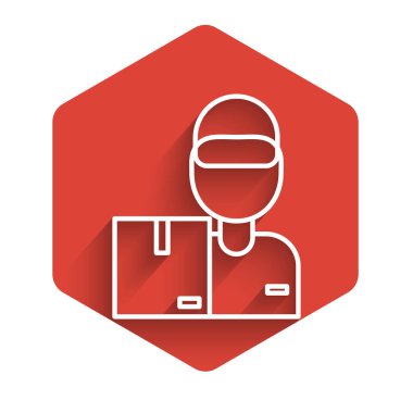 Karton kutu ikonlu beyaz çizgi teslimatçısı uzun gölgeli izole edilmiş. Kuryeyle kapı kapı dolaşacağız. Kırmızı altıgen düğmesi. Vektör İllüstrasyonu