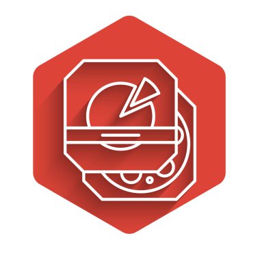 Karton kutu ikonunda uzun gölgeli beyaz çizgi pizza. Düzen elemanlarıyla birlikte kutu. Kırmızı altıgen düğmesi. Vektör İllüstrasyonu