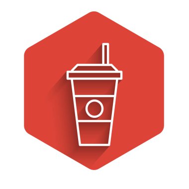 Beyaz çizgi kahve fincanı ikonu uzun gölgeli. Tek kullanımlık kahve bardağı ve sıcak kahve. Kırmızı altıgen düğmesi. Vektör İllüstrasyonu