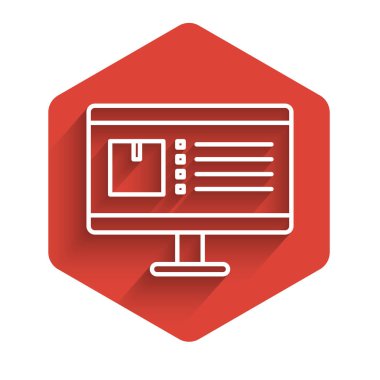 Uygulama iletim simgesine sahip beyaz çizgi bilgisayar monitörü uzun gölgeli izole edilmiş. Paket takibi. Kırmızı altıgen düğmesi. Vektör İllüstrasyonu