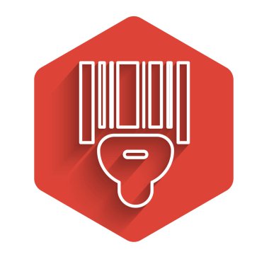 White line Scanner scanning bar code icon isolated with long shadow. Barcode label sticker. Identification for delivery with bars. Red hexagon button. Vector Illustration
