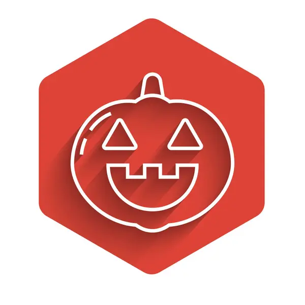 White line Pumpkin icon isolated with long shadow. Happy Halloween party. Red hexagon button. Vector Illustration — Stok Vektör