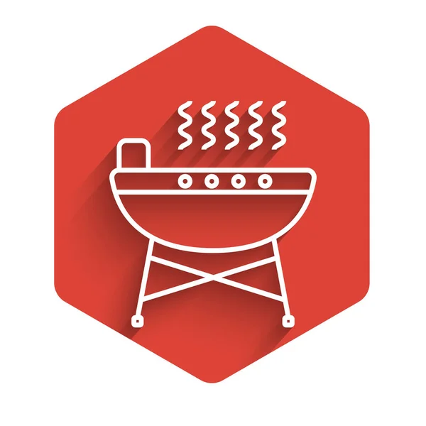 Ligne blanche Barbecue icône grill isolé avec une ombre longue. Barbecue grill party. Bouton hexagonal rouge. Illustration vectorielle — Image vectorielle