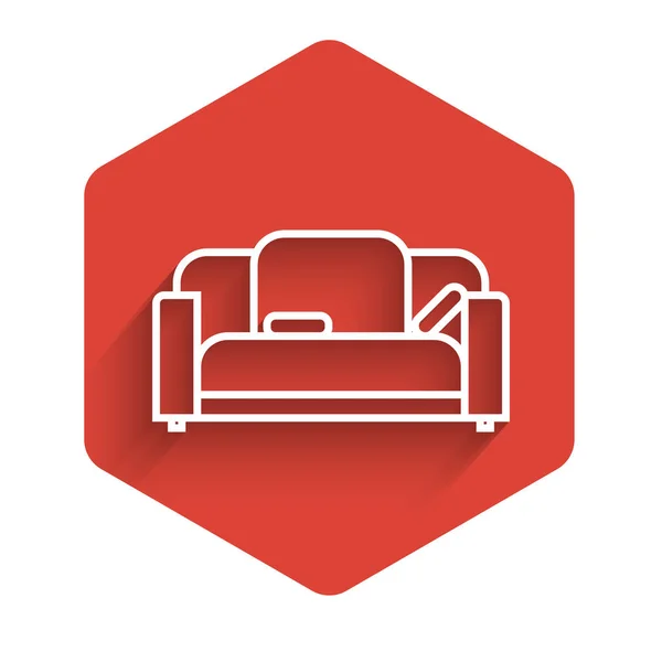 Linha branca ícone do sofá isolado com sombra longa. Botão hexágono vermelho. Ilustração vetorial — Vetor de Stock