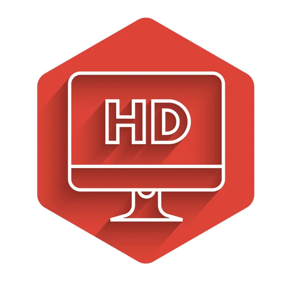 Tela de monitor de computador de linha branca com ícone de tecnologia de vídeo HD isolado com sombra longa. Botão hexágono vermelho. Ilustração vetorial —  Vetores de Stock