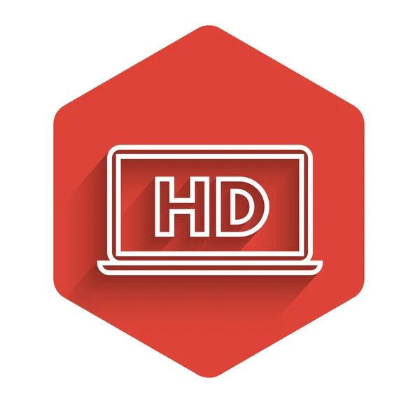 Tela de laptop de linha branca com ícone de tecnologia de vídeo HD isolado com sombra longa. Botão hexágono vermelho. Ilustração vetorial —  Vetores de Stock