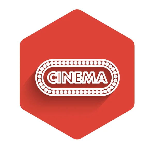 Witte lijn Cinema poster ontwerp sjabloon pictogram geïsoleerd met lange schaduw. Movie time concept banner ontwerp. Rode zeshoek knop. Vector Illustratie — Stockvector