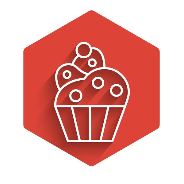 Bílá čára Cupcake ikona izolovaná s dlouhým stínem. Červené šestiúhelníkové tlačítko. Vektorová ilustrace — Stockový vektor